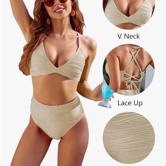 Beige Two Piece Bikini Set with Textured Fabric & high waisted bottoms Size M - Picture 3 of 5